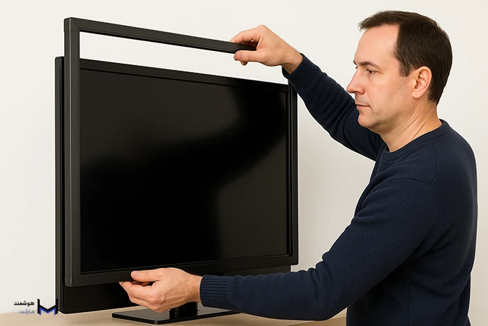 مرد در حال نصب فریم لمسی بر روی تلویزیون