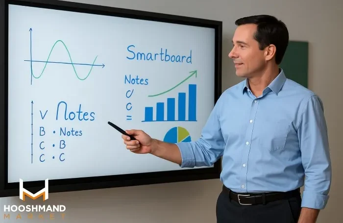 مرد در حال استفاده از تخته هوشمند