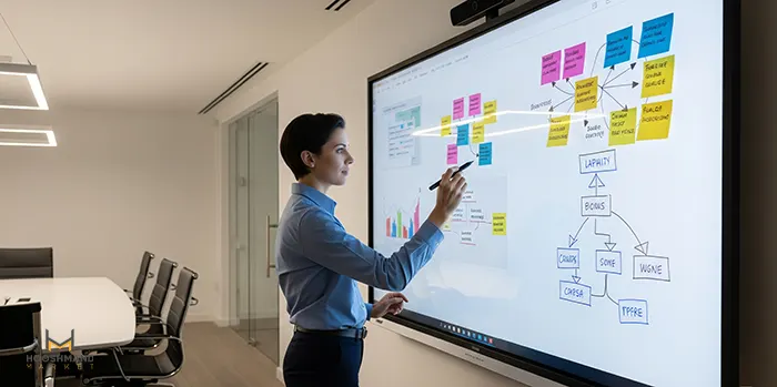 زنی در حال کار با تخته هوشمند در جلسه 