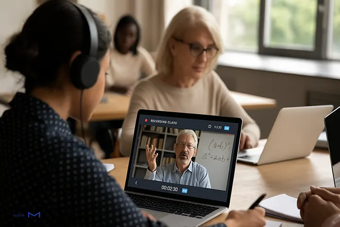 زن در حال ضبط کلاس انلاین