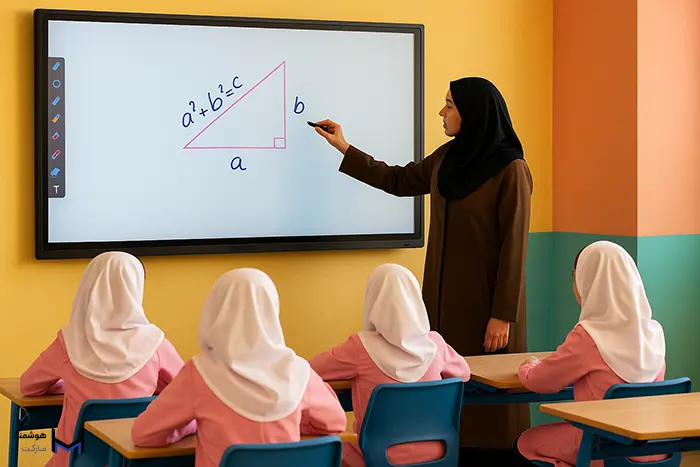 معلم زن در حال تدریس با تخته هوشمند به دانش آموزان دختر 