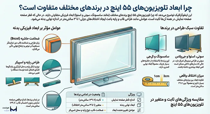 ابعاد تلویزیون 55 اینچ در برندهای مختلف 